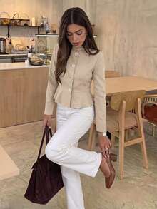 Serisse Women's Solid Color Long Sleeve Single-Breasted Ruffle Hem Jacket - Apricot - View 7