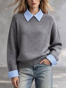 SHEIN Sweater Lengan Panjang Wanita Motif Garis-Garis Blok Warna 2 in 1 - Dark Grey - View 3