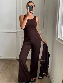 DAZY Women's Minimalist Tank Top And Long Pants With Embroidered Cardigan Pajama Set - Coffee Brown - View 5