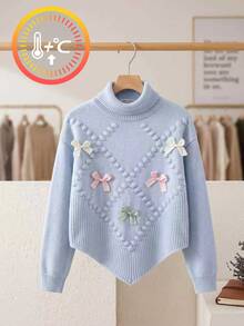 Sweater Lengan Panjang Motif Pita Jacquard Manis untuk Anak Perempuan Remaja - Biru - View 5