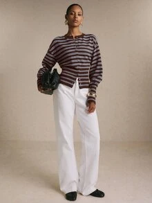 Poéselle Women New Retro Color‑Block Striped Single‑Breasted Knit Cardigan, Cozy Casual Versatile Staple For Back‑To‑School Daily Street Commute Office Outfit - Brown - View 4