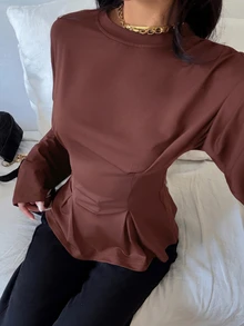 Siren Gaze 女款優雅通勤純色喇叭袖收腰修身T恤，冬季休閒春季穿搭 - 紅木色 - 查看 6