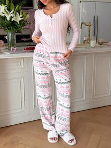 SweetSlumber Set Piyama Wanita Musim Gugur/Dingin: Atasan Rajut Bergaris Nyaman dan Celana Panjang Lembut Motif Fair Isle - MultiWarna - View 3