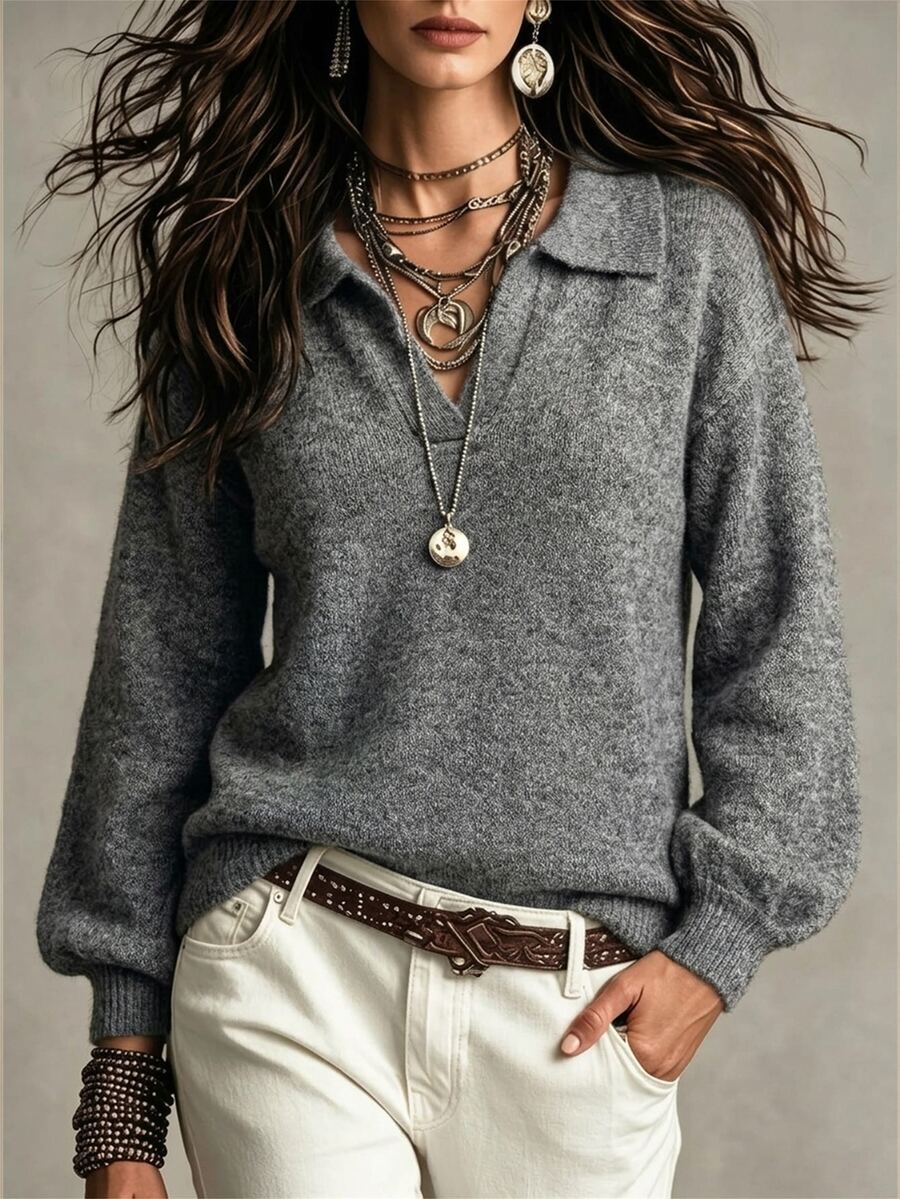 SHEIN Soft & Cozy Slouchy Loose Fit Polo Collar Knit Sweater Grey