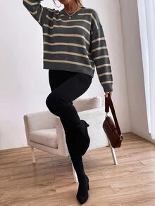 Sprig & Strand 女款條紋圓領落肩長袖休閒針織套頭毛衣，秋冬款 - 深灰色 - 查看 3