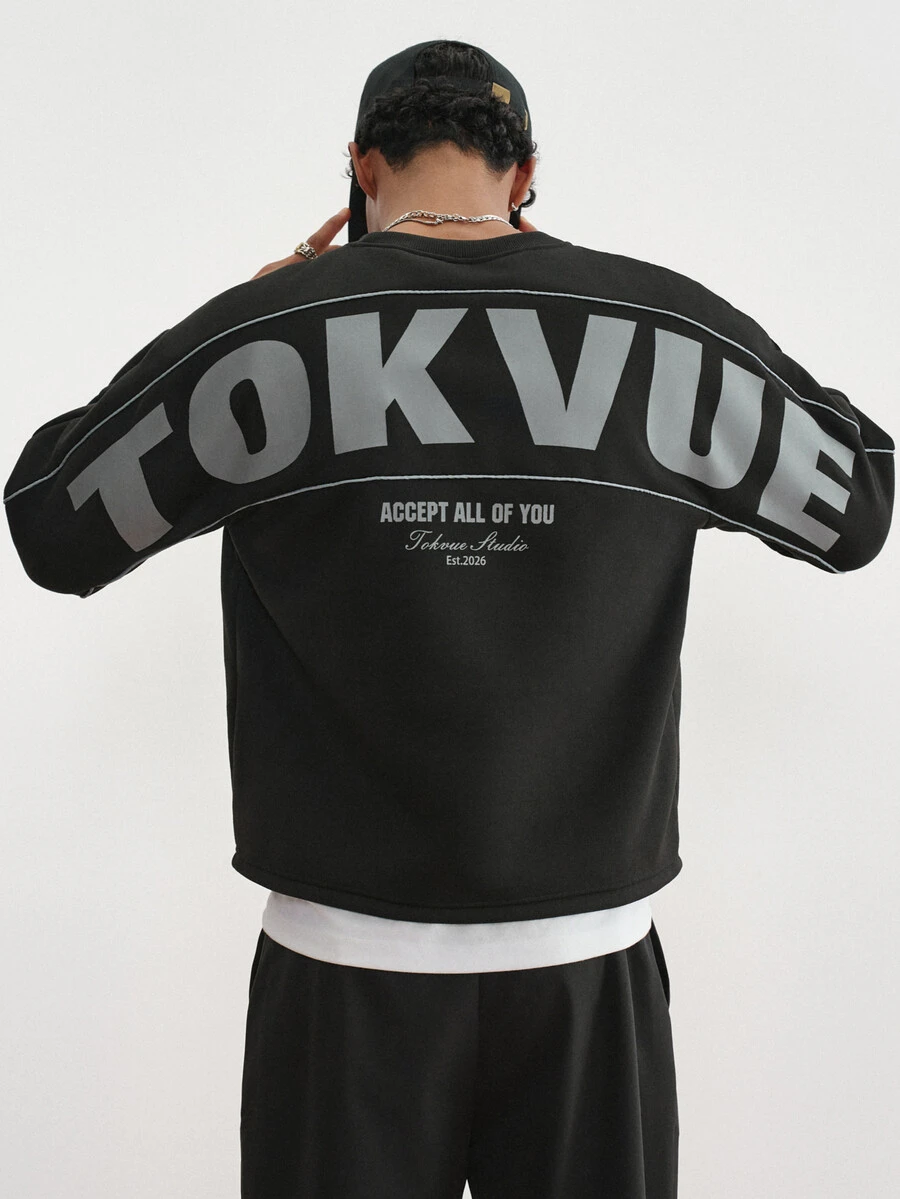 TOKVUE 男士圓領套頭運動衫,背面大字母印花設計,前後對比色滾邊細節,運動衫面料,男士秋冬時尚休閒印花圓領運動衫,結構設計,休閒舒適百搭,適合外出、通勤、街頭風、旅行、度假、日常穿著等 - 黑色 - 查看 1