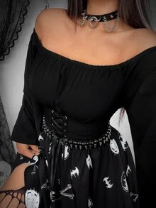 Whyspr BATMAN X SHEIN Plus Size Women Off Shoulder Tie Design Casual Party Dress - Black and White - View 3