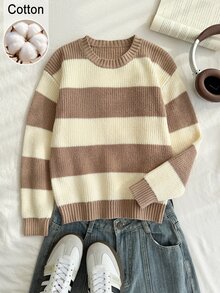 SHEIN 1件女童毛衣，時尚經典拼色白色，極簡街頭風百搭圓領休閒寬鬆款，適中厚度，秋冬穿著 - 彩色 - 查看 7