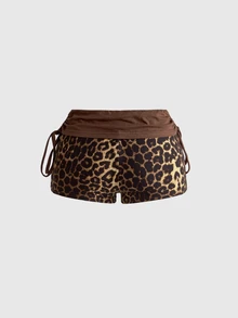 ROMWE Y2K Women's Leopard Print Drawstring Tie Shorts - Brown - View 2