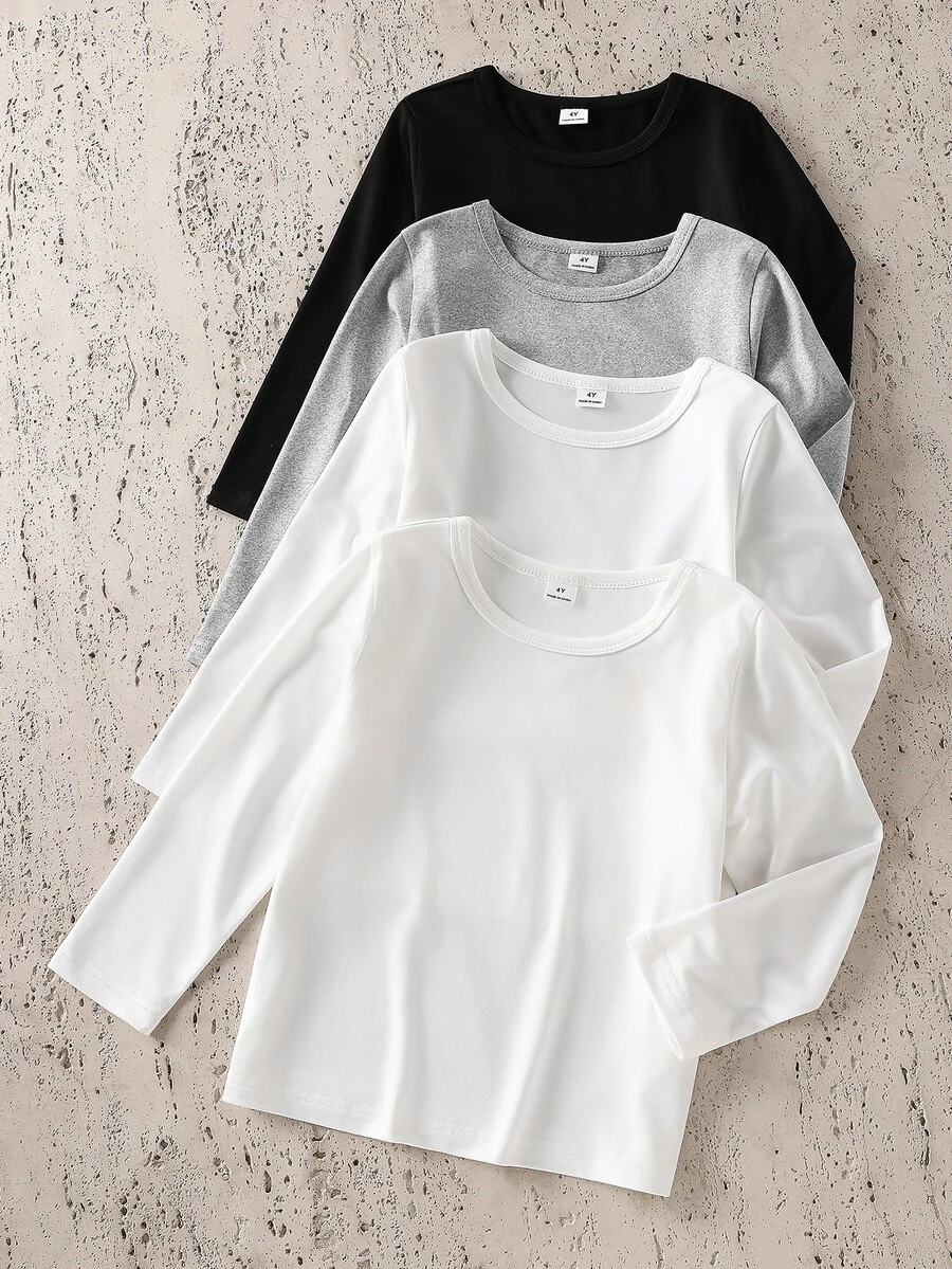 SHEIN 4pcs/Set Young Boy Casual Solid Color Round Neck Long Sleeve T-Shirt, Versatile For All Seasons Chic Autumn/Winter,Fall Clothes,Fall Tops - Black and White - View 1