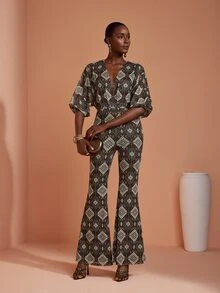 JIAN LASALA Mesh V Neck Overlapped Bishop Sleeve Long Jumpsuit Casual Vacation Holiday - Multicolor - View 3