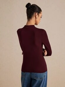 Poéselle Women High Stretch Knit 100 Cotton Turtleneck T-Shirt Solid Basic Layering Top Versatile Four Season Back To School Wardrobe Staple Everyday - Burgundy - View 2