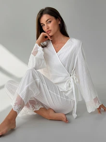 Livesso Women's Lace Patchwork Tie-Up Top And Long Pants Pajama Set - White - View 11