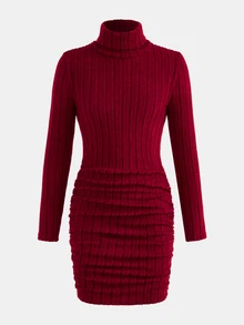 SHEIN Tween Girls Tween Girl Tween Girl Kids Red High Neck Ribbed Snug Fit Dress, Soft Comfortable, Versatile For Holiday Party, Dance, Casual Wear - Red - View 4
