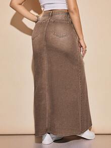 SHEIN EZwear 女款秋季休閒復古鈕扣拉鍊加厚牛仔長裙，棕色通勤辦公百搭牛仔裙 - 棕色 - 查看 2