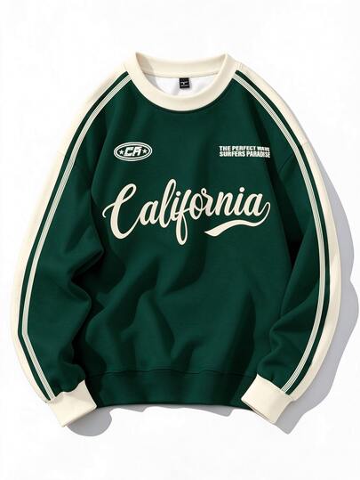 Chillumni Casual Apricot Green Contrast Color Striped California Letter Print Crew NeckSweatshirt, Contrast Color Webbing Loose Fit Collegiate Sporty Slimming
