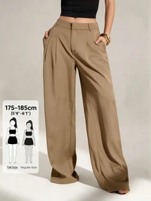 SHEIN Tall Old Money 風格女款高腰百褶寬腿褲，黑色冬季端莊商務休閒辦公穿搭，優雅純色寬鬆修身西裝長褲，適合高個女性 - 駝色 - 查看 8
