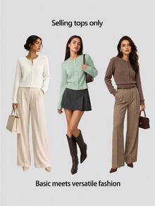 SHEIN BASICS 女款純色單排扣休閒百搭長袖開襟衫，適合日常外出、商務辦公、早午餐，米白色，秋季教師節 - 綠色 - 查看 8