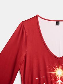 SHEIN LUNE CURVE Plus Size Women Skeleton Print V-Neck Long Sleeve Dark Style Dress - Red - View 5