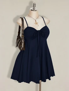 SHEIN ICON 女款大尺碼春夏復古可愛商務休閒性感簡約日常度假通勤時尚Y2K前胸抓褶抹胸黑色洋裝 - 藏蓝色 - 查看 6