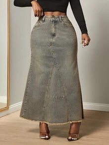 Slaydiva Women's Outdoor All-Season Long Frayed Distressed Vintage Retro Blue Denim Skirt - Medium Wash - View 3