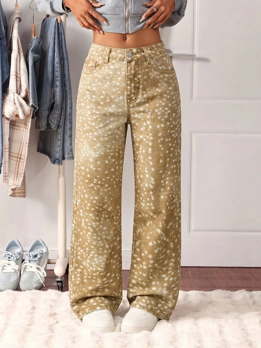 SHEIN Tall 高腰楓葉迷彩印花水洗直筒牛仔褲 - 卡其色 - 查看 1