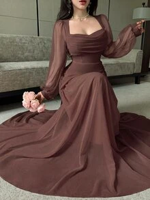 Modelyn 披肩領泡泡長袖收腰不對稱百褶雪紡大裙擺洋裝，適合婚禮新娘、單身派對，柔粉色，秋季浪漫優雅風 - 棕色 - 查看 9