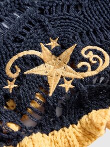 ROMWE Fairycore 女款短版不對稱露肩刺繡鏤空性感毛衣 - 藏蓝色 - 查看 3