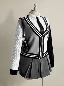 SHEIN ICON Áo cardigan nữ size lớn in kỹ thuật số phong cách thường ngày thoải mái - Đen và trắng - Xem 5