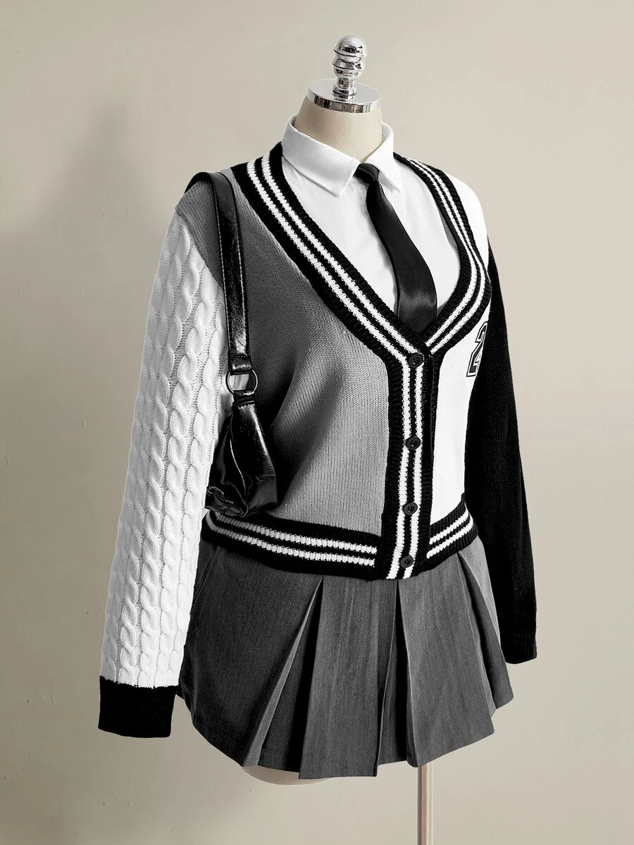 SHEIN ICON Plus Size Women's Digital Print Casual Daily Cardigan - Black and White - View 1