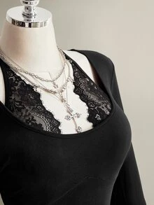 SHEIN ICON Women's Plus Size Lace Patchwork Casual Versatile Daily Wear T-Shirt - Black - View 8