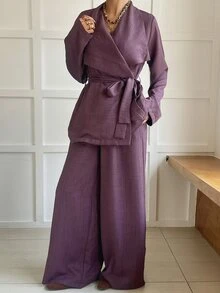Livesso Women's Solid Color Waist Knot Long Sleeve Jacket And Pants Elegant French 2 Pieces Set Office Brunch Dark Purple Fall - Purple - View 6