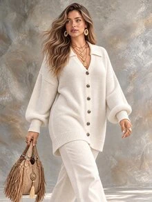 Ceyna Plus Size Women's Solid Color Single-Breasted Casual Daily Cardigan - White - View 4