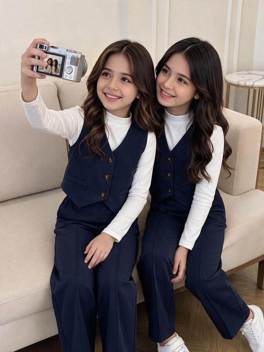 SHEIN 女童 4-7 歲 3 件套背心長袖上衣寬腿褲套裝,春季秋季配套穿搭,適合學校派對生日正式場合婚禮,白色棕色 - 寶藍色 - 查看 1