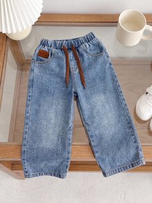 Quần dài denim cho bé trai, màu xanh giặt kiểu vintage hoài cổ, vải denim không co giãn, cạp quần cổ điển thiết kế nút, xử lý mài rách và bạc màu - Rửa tối - Xem 7