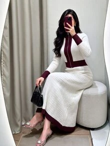 Modelyn فستان نسائي محبوك بأكمام طويلة وفتحة أمامية نصفية بسحاب بطراز عتيق - متعدد الألوان - مشاهدة 3