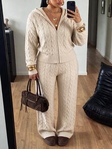 POPSWAY Plus Size Women's Oatmeal Gray Cable Knit Front Zip-Up Lapel Short Cardigan + High-Waist Drapey Wide Leg Knit Pants 2 Pieces Set, Suitable For Daily Commute/Outing Date/Indoor Outdoor/Halloween Christmas Outfit - Khaki - View 2