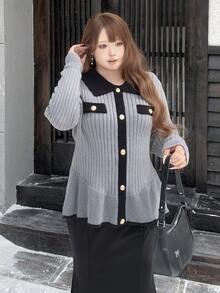 Bijouette Plus Size Casual Long-Sleeved Front Button Detail Sweaters,Soft Fabric, Japanese Sweet Style, Going Out,Autumn Sweaters,Fall/Winter,Grey Sweaters - Grey - View 5