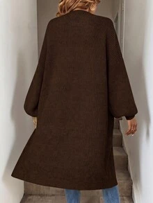 SHEIN Tall CURVE Plus Size Drop Shoulder Ribbed Knit Duster Cardigan,Long Sleeve Tops For Women Curve Tall In Fall/Winter - Coffee Brown - View 2