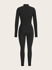 SHEIN EZwear 女款休閒長袖修身連身褲，女款秋冬服飾 - 黑色 - 查看 2