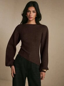 Poéselle 女款優雅羅紋提花不對稱下擺保暖毛衣，秋冬針織上衣，適合上班、約會、度假、派對與節日穿搭 - 棕色 - 查看 7