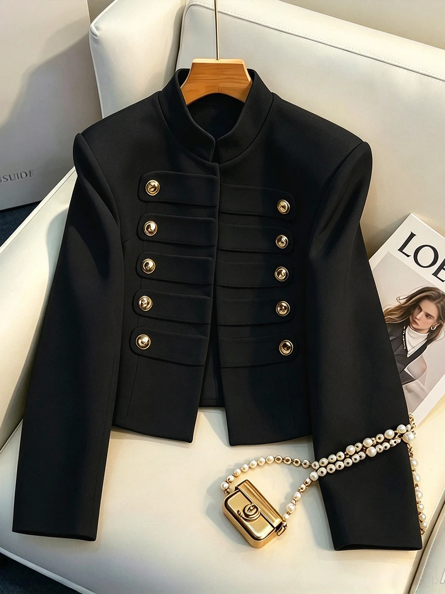 Ceyna Plus Size French Court Style Stand Collar Short Jacket Women Double-Breasted Decorative Buttons Premium Fitted Commuter Blazer - Black - View 1