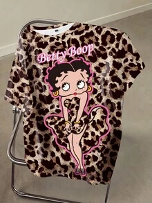 Betty Boop x SHEIN 大尺碼女款字母卡通印花休閒日常短袖T恤 - 白色 - 查看 1