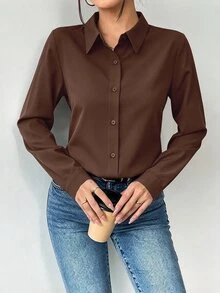 Structelle 女款素色前扣長袖襯衫上衣，秋季長袖上衣 - 棕色 - 查看 6