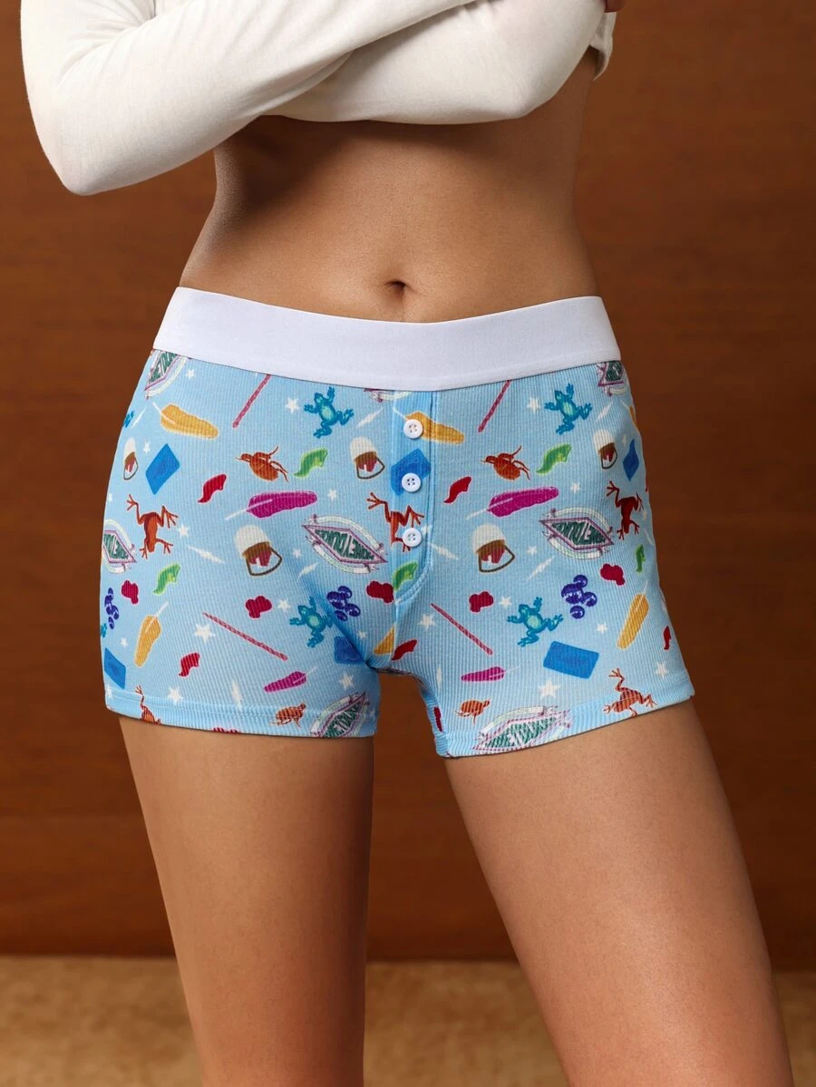 HARRY POTTER X SHEIN Women's Hipster Panties, Magic Candy All-Over Print, Ribbed Fabric, Girls' Shorts, Personalized Button Decor - Blue and White - View 1