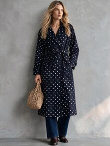 Trelyra European & American Style Autumn/Winter New Fashion Versatile Polka Dot Wool Blend Belted Elegant Commuter Design Classic Long Overcoat - Multicolor - View 5