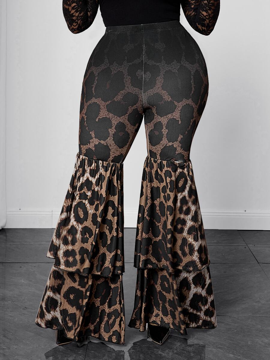 Maweii Plus Size Gradient Leopard Print Patchwork Long Pants, High Waist Elastic Slim Fit Double Layer Ruffle Hem Flared Casual Pants Fall - Multicolor - View 1