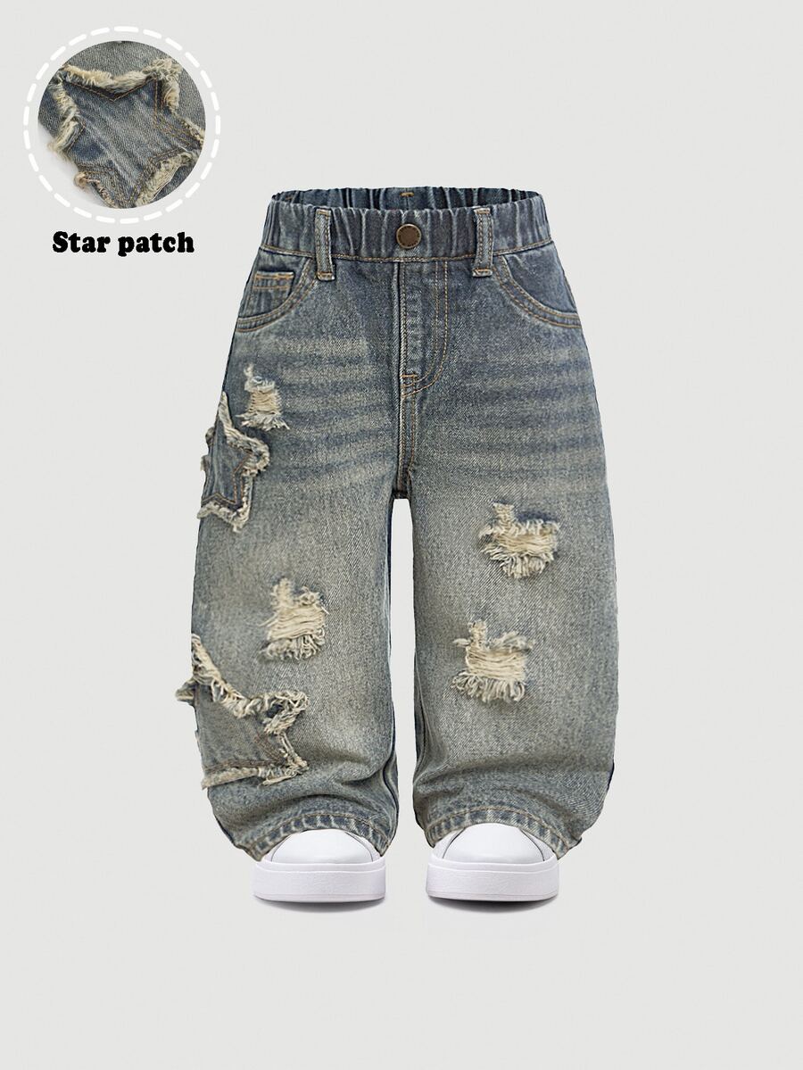 SHEIN 男嬰休閒可愛復古星星圖案流蘇破洞寬鬆版型藍色牛仔褲,適合秋冬戶外穿著與日常穿著 - 淺色水洗藍 - 查看 1
