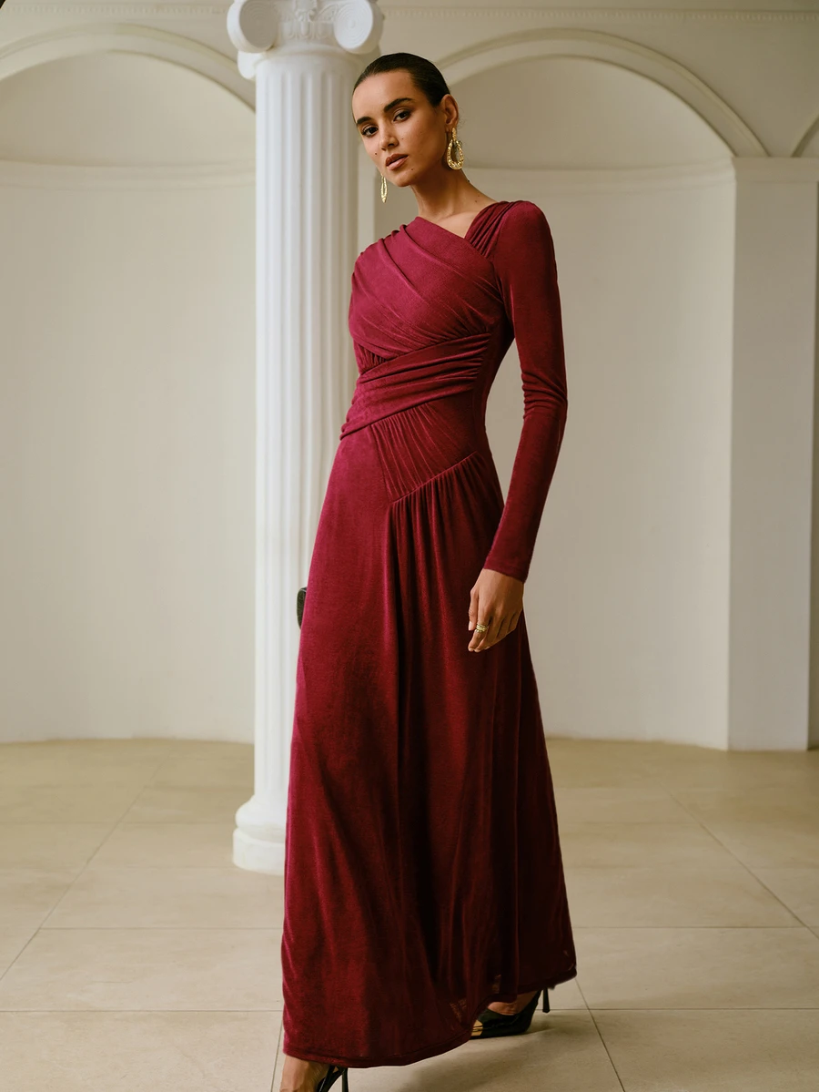 ZEYLAH Women's Solid Color Pleated Casual Party Long Sleeve Dress - Burgundy - View 1
