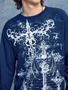 ROMWE MEN Casual 男士深色骷髏圖案印花長袖運動衫 - 藏蓝色 - 查看 2